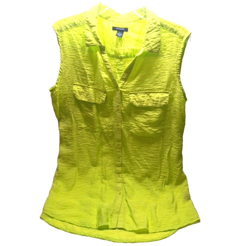 Westbound Lime Green Crinkle Sleeveless  Large Double Chest Pockets Button Up